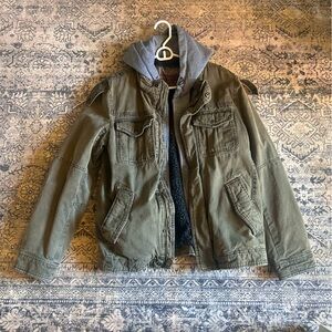 Khaki and grey military-inspired jacket with hoodie and multiple pockets XL